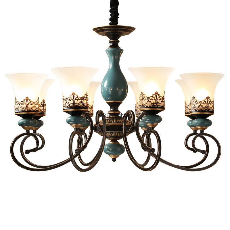 lustre suspendu classique céramique verre opalescent vintage motifs floraux dorés