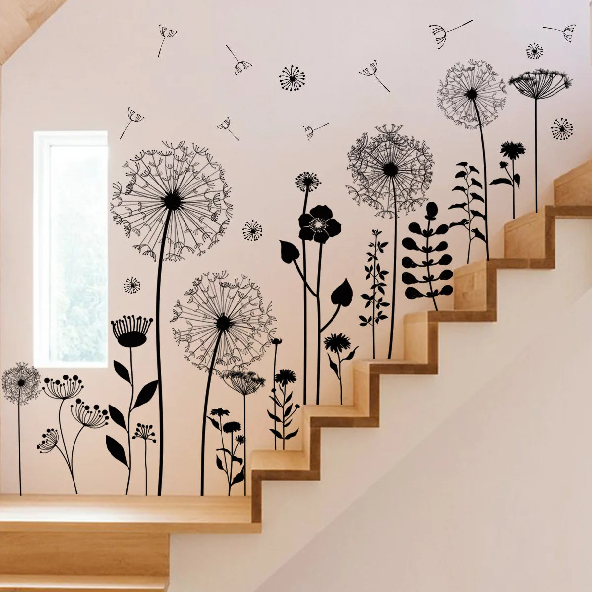 sticker mural adhésif fleurs pissenlit noir minimaliste moderne chambre salon 30x60cm x2pcs