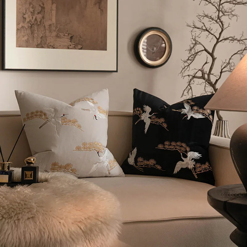 housse coussin noir oiseaux dorés traditionnel brodé opacité polyester coton 45x45cm 50x50cm