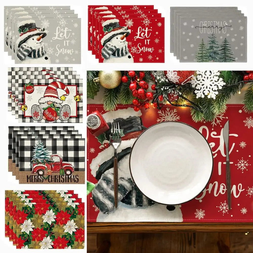 serviettes table noël flocons arbre bonhomme merry christmas let it snow gris rouge vert