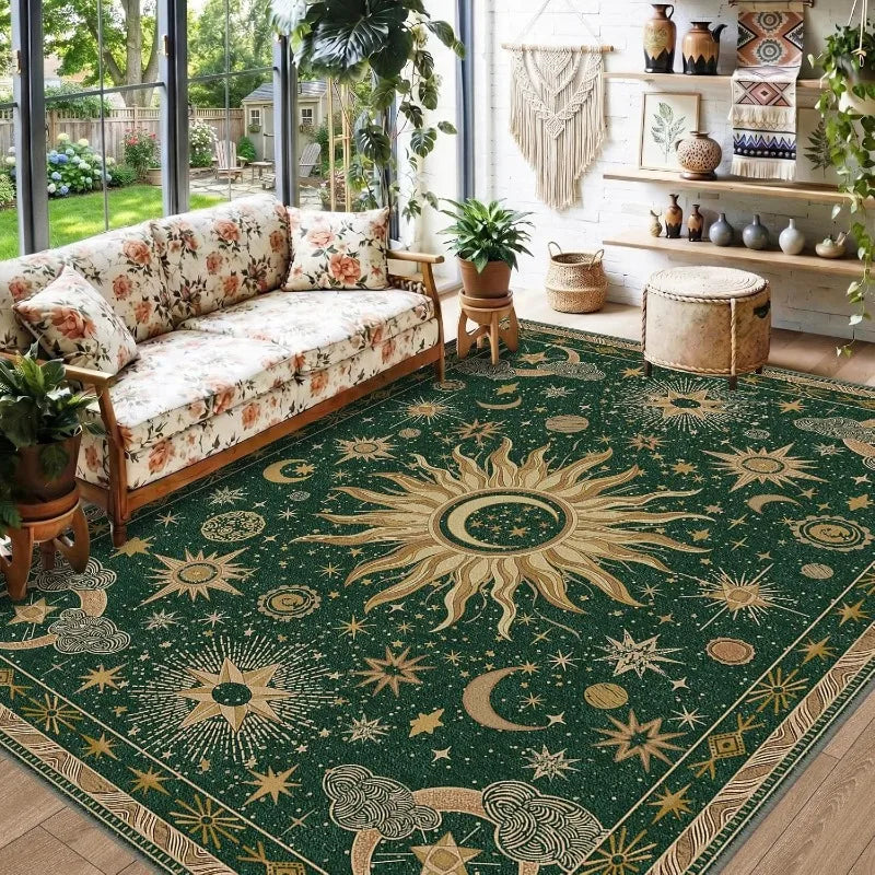 tapis bohème vintage motif soleil lune étoile beige vert foncé salon chambre décoration maison