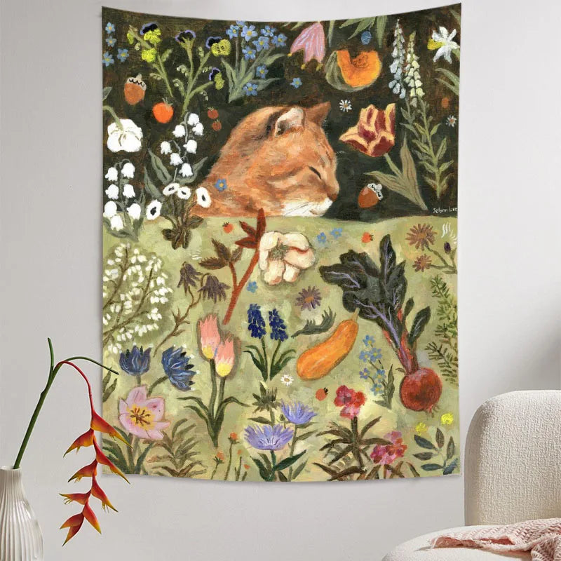 tapisserie murale animaux fleurs salon chambre polyestère lavable machine verte blanche orangée bleue marronnée