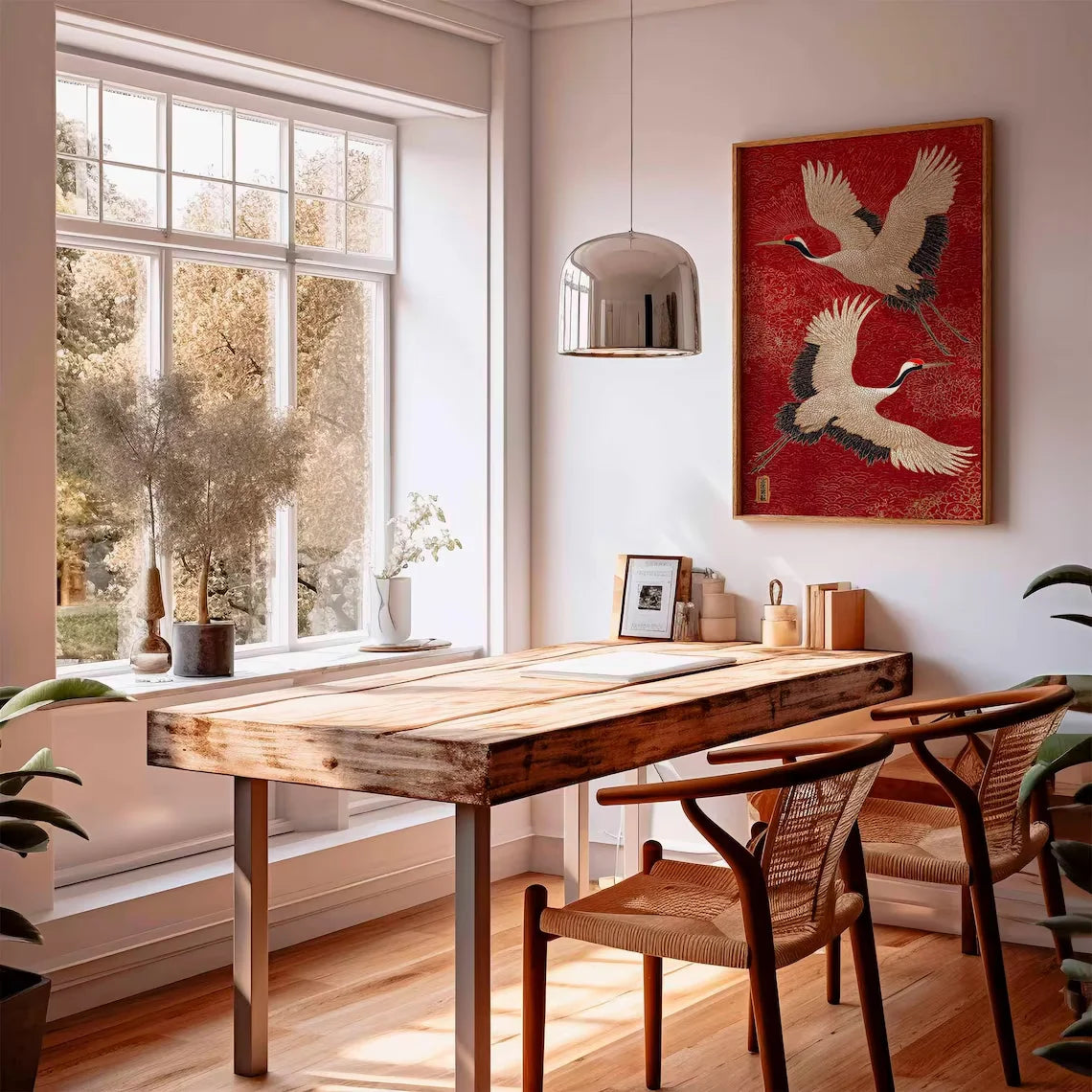 tableau toile oiseaux rouges art traditionnel japonais décoration murale maison cadre bois noir
