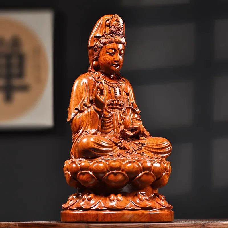 statue bouddha assis bois sculpté détaillé feng shui décoration maison brun clair doré traditionnelle