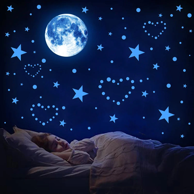 sticker mural étoiles lumineux nuit moderne bleu vert rose chambre enfant décoration bébé filles