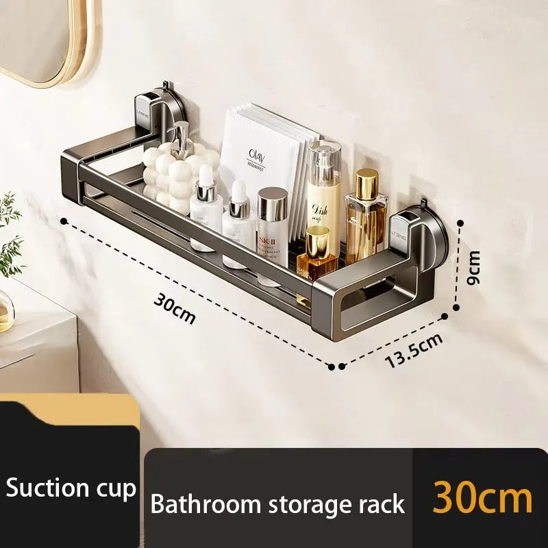 étagère salle bain argentée suction cup moderne minimaliste rangement bouteilles cosmétiques serviettes accessoires