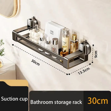 étagère salle bain argentée suction cup moderne minimaliste rangement bouteilles cosmétiques serviettes accessoires