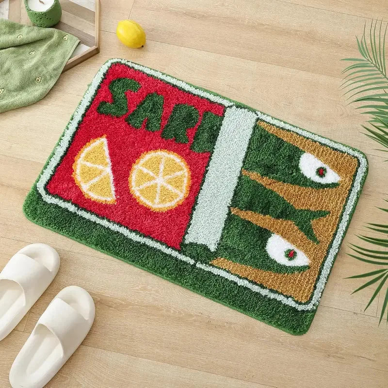 tapis bain moderne fruits poissons antidérapant polyester bleu orange blanc