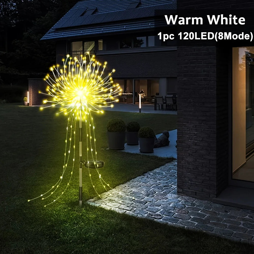 lampe solaire feu d'artifice multicolore blanc chaud extérieure ambiance festive nocturne jardin patio