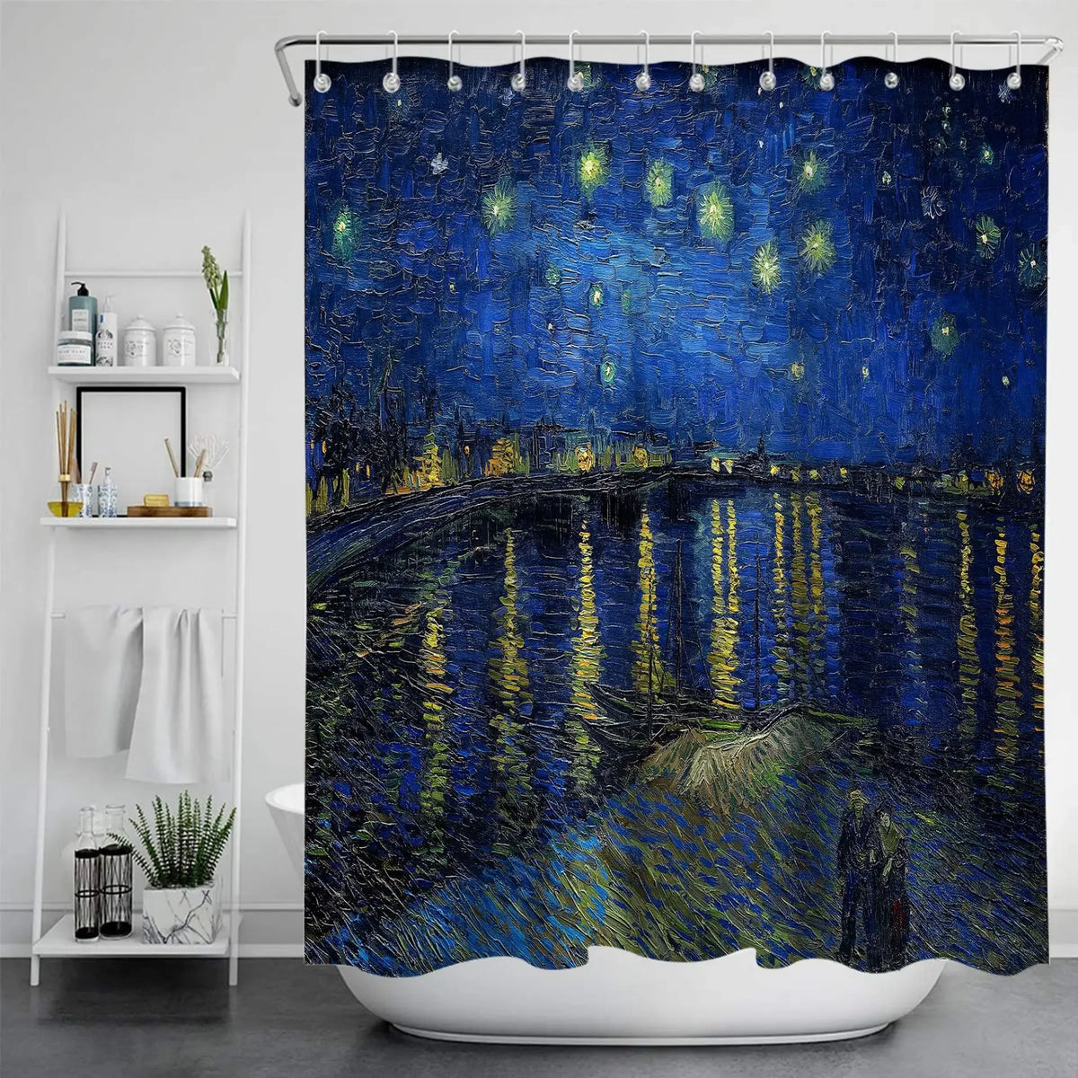Reproduction du tableau “Starry Night Over the Rhône” de Van Gogh, illustrant un ciel nocturne étoilé se reflétant dans les eaux du Rhône, avec des lumières de la ville au loin. 