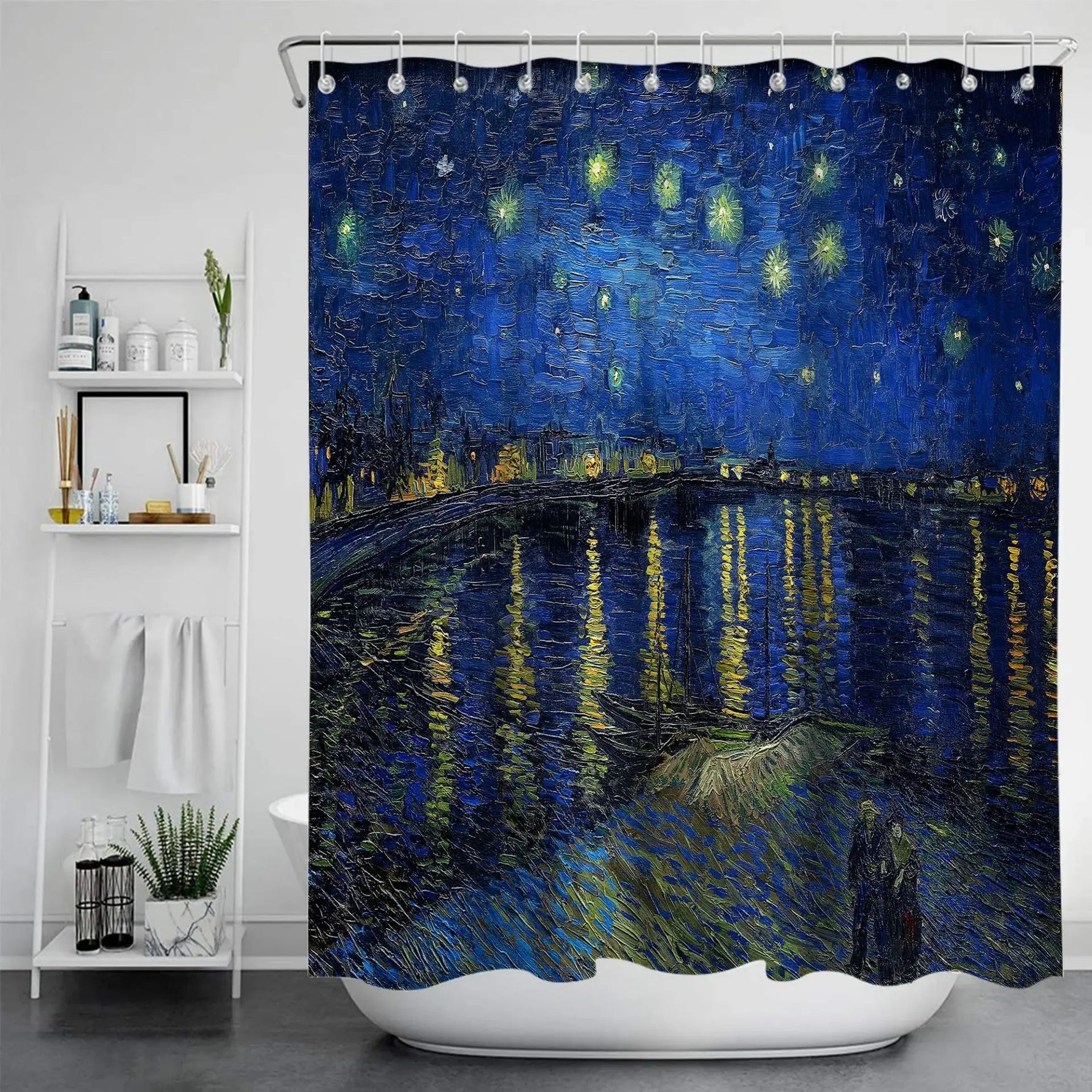 Reproduction du tableau “Starry Night Over the Rhône” de Van Gogh, illustrant un ciel nocturne étoilé se reflétant dans les eaux du Rhône, avec des lumières de la ville au loin. 