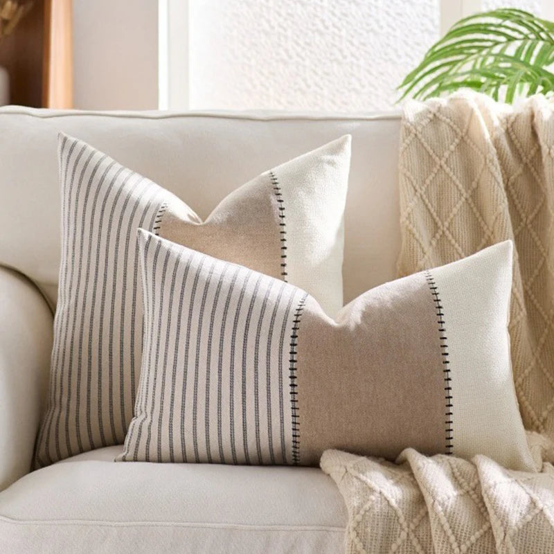 housse coussin décorative rustique rayures horizontales beige bleu marine rose clair polyester