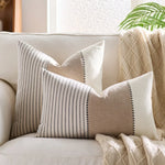housse coussin décorative rustique rayures horizontales beige bleu marine rose clair polyester