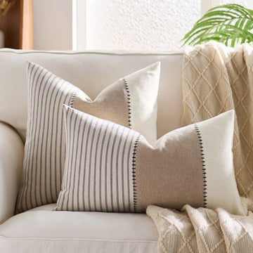 housse coussin décorative rustique rayures horizontales beige bleu marine rose clair polyester