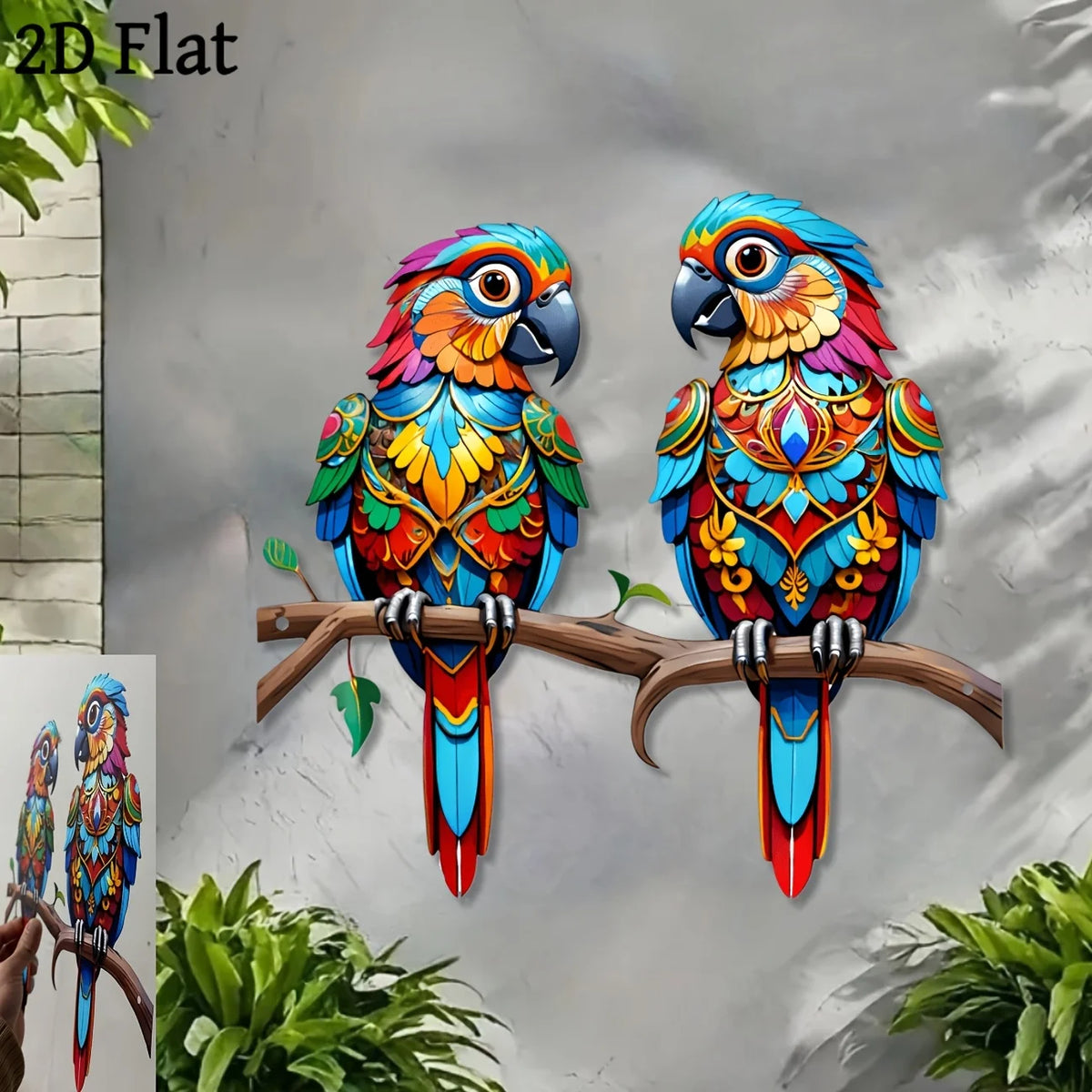 décoration murale oiseau métal bleu vert rouge ornements floraux artisanal patio jardin salon chambre