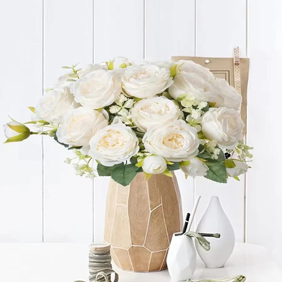 bouquet fleurs artificielles pivoine roses vintage blanc rose bleuclair decoration maison exterieur mariage anniversaire