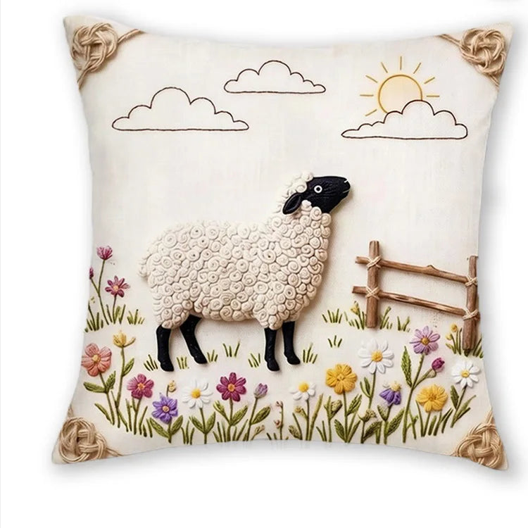 housse coussin mouton pastoral illustration fleurs arbres nuages zip 40x40cm 45x45cm 50x50cm 60x60cm polyester