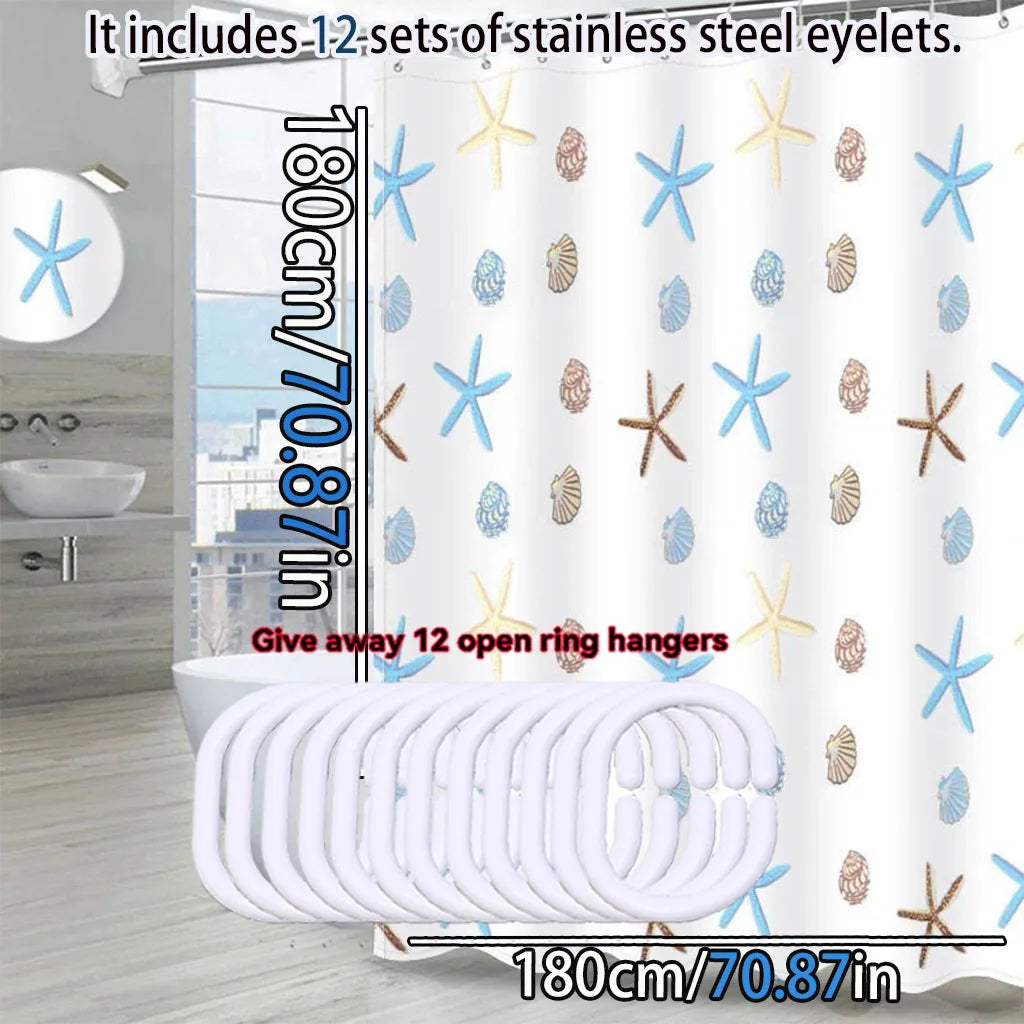 rideau douche étoiles mer coquillages opacité moderne inoxydables blanc bleu clair beige marron clair