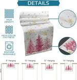 Cette image promotionnelle présente un motif de flocons de neige et d'arbres de Noël rouges sur un rouleau de papier peint de haute densité et très résistant à la couleur, avec des informations sur les différentes tailles disponibles pour l'accrocher.