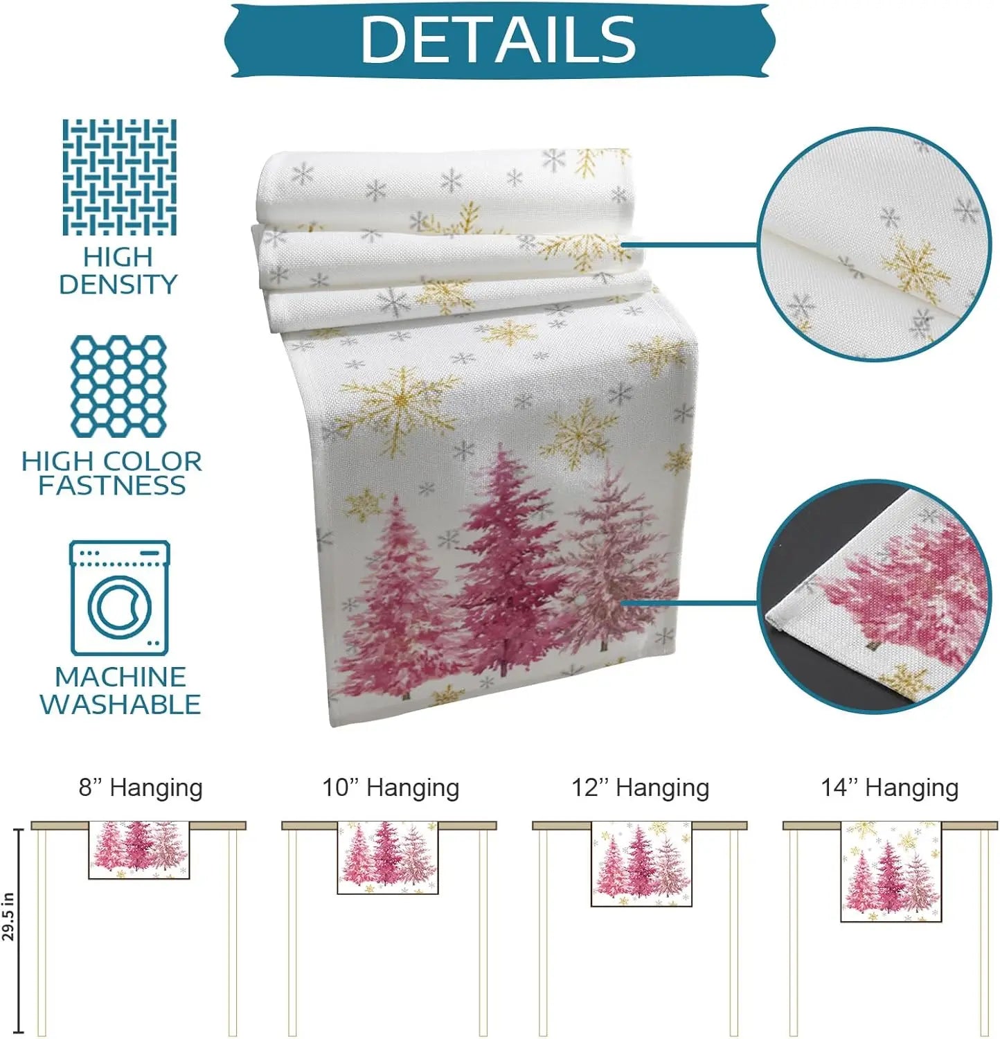 Cette image promotionnelle présente un motif de flocons de neige et d'arbres de Noël rouges sur un rouleau de papier peint de haute densité et très résistant à la couleur, avec des informations sur les différentes tailles disponibles pour l'accrocher.