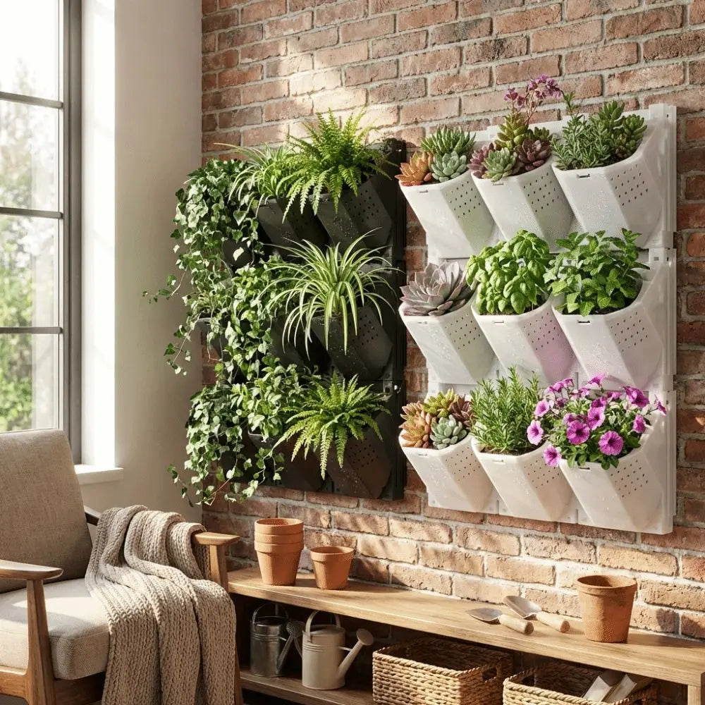 jardinage vertical mural clips autoarrosant pots differentes tailles moderne fonctionnel vert noir blanc