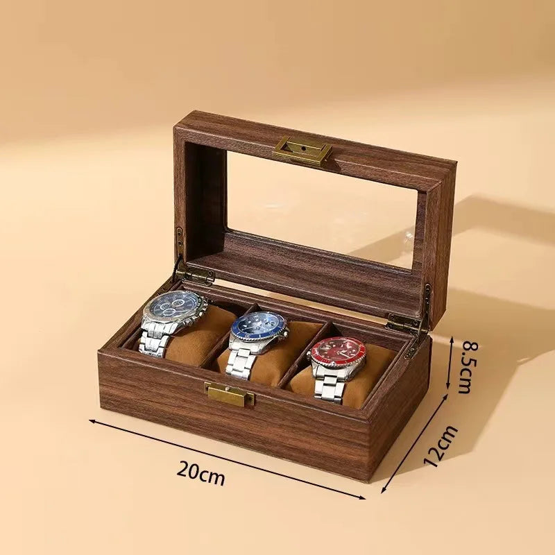 boîtes montres bois foncé grain naturel classique boutons dorés montres bracelets bijoux