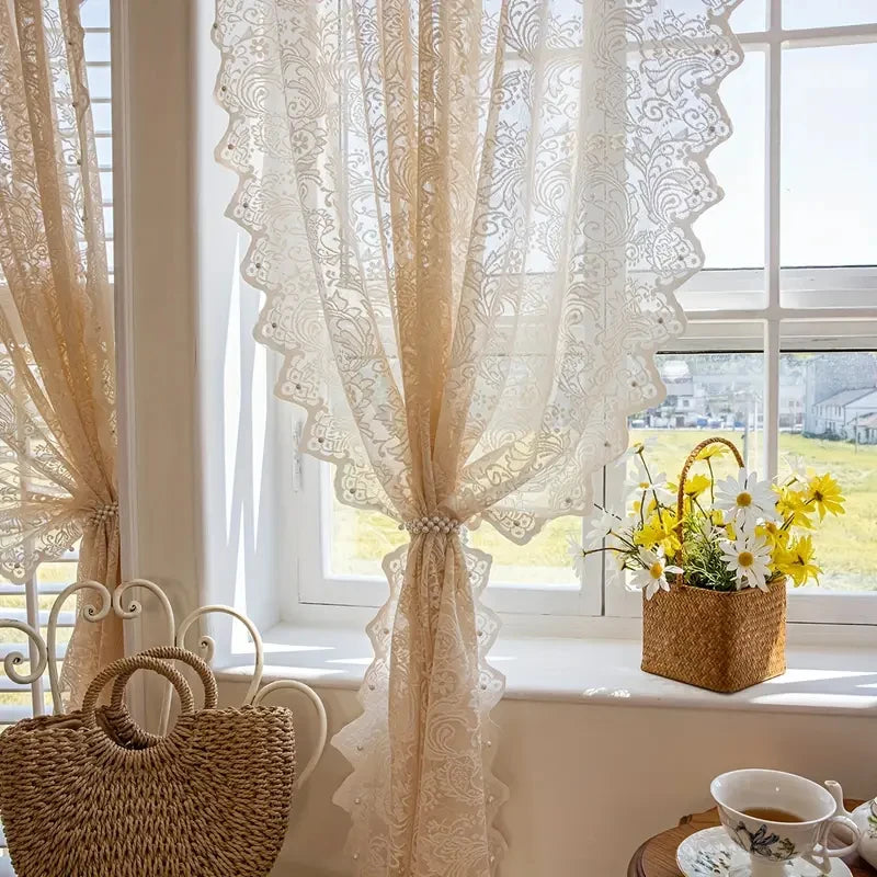 rideau dentelle fleur romantique shabby chic beige translucide salon chambre