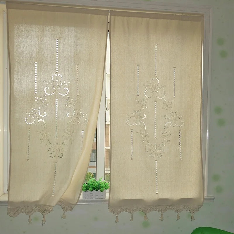 rideaux fenêtre lin beige floral semi transparent rustique franges domestique pastorale