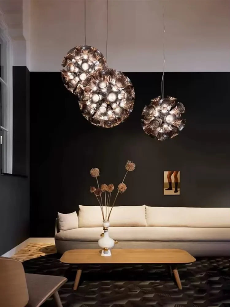 suspension luminaire moderne verre transparent câbles suspendus led intégrés contemporain haute qualité dorée argentée
