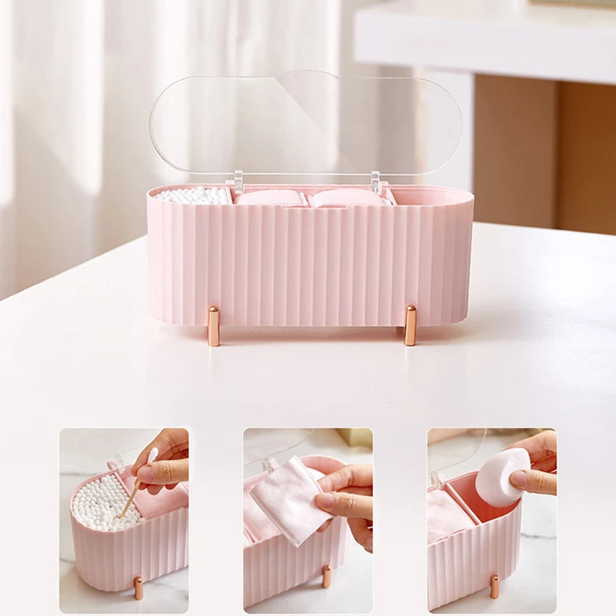 organisateur cosmétiques boîte rose rayées moderne pieds métalliques éponge lingettes cotonnets pochette rangement