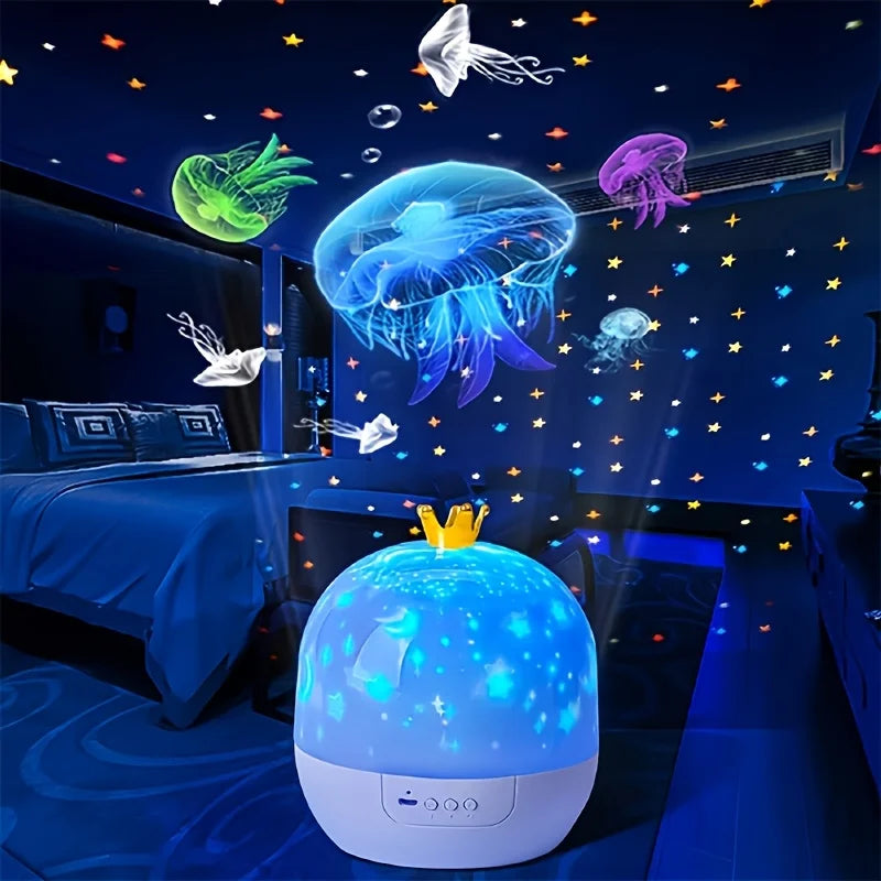 projecteur nuit étoiles poissons jaune bleu blanc 15 motifs luminosités câble usb moderne enfantin
