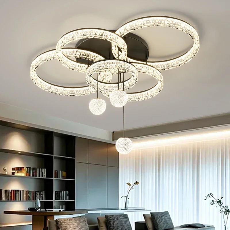 plafonnier led moderne noir doré blanc cristaux élégant boule lumineuse