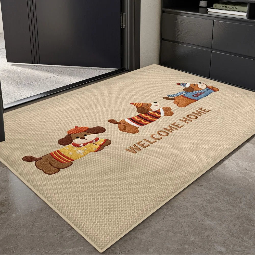 tapis d'entrée beige chien mignon welcome motif floral décoration maison moderne sol intérieur