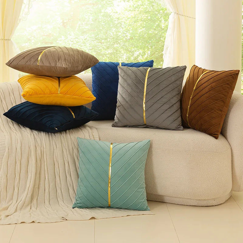 housses coussins décoratifs velours plis verticaux bleu foncé jaune gris modernes opaques 45x45cm