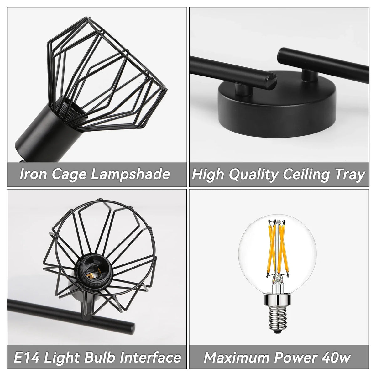 lustre moderne spot quatre bras cage métallique noir industriel fixations