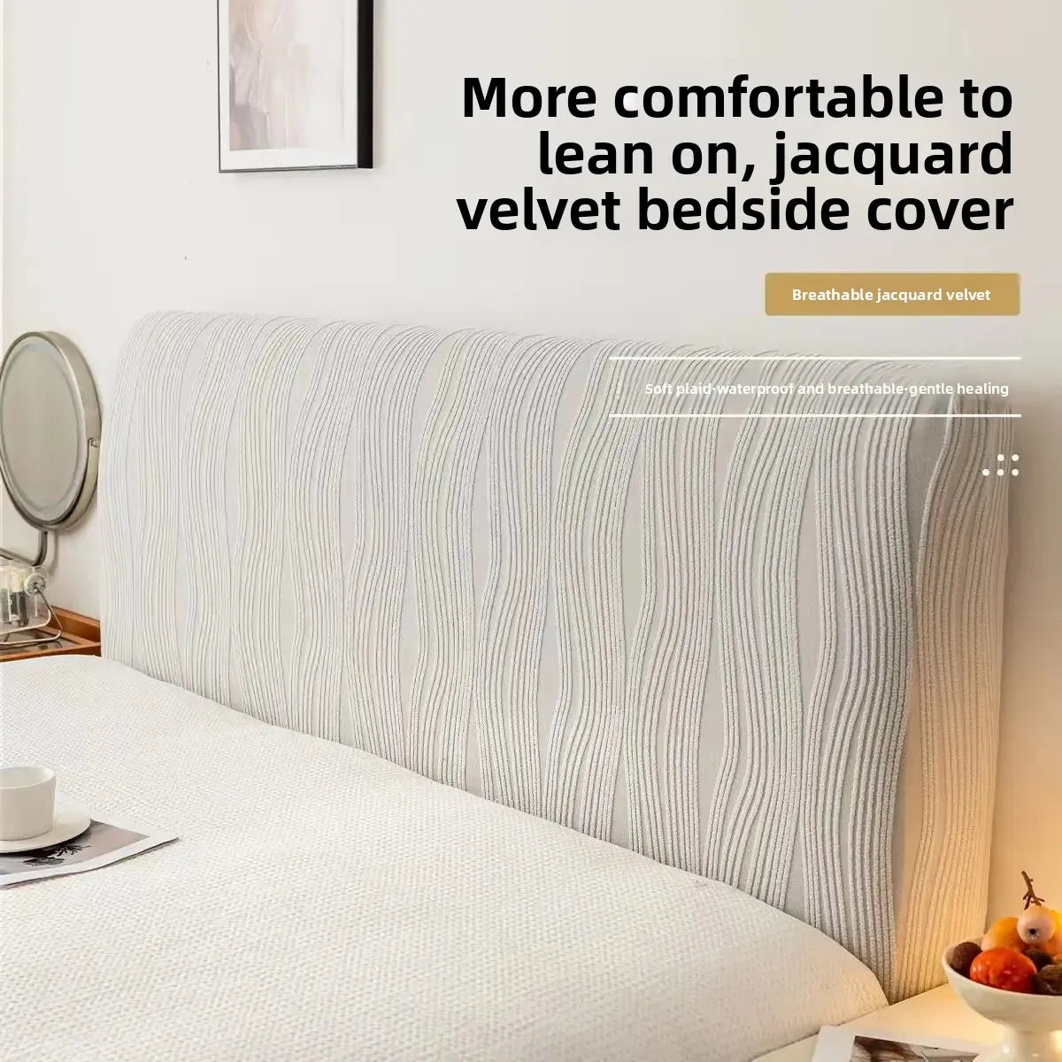 couvre tête lit moderne rayures horizontales beige clair anti salissure adhésif polyestere