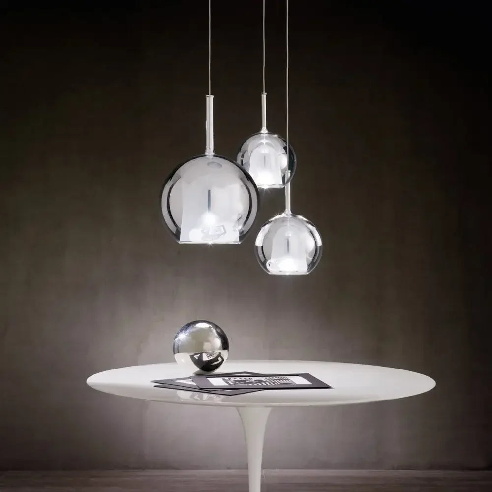 suspension lumineuse moderne chrome noir blanc sphères polies câbles suspendus ampoules incluses