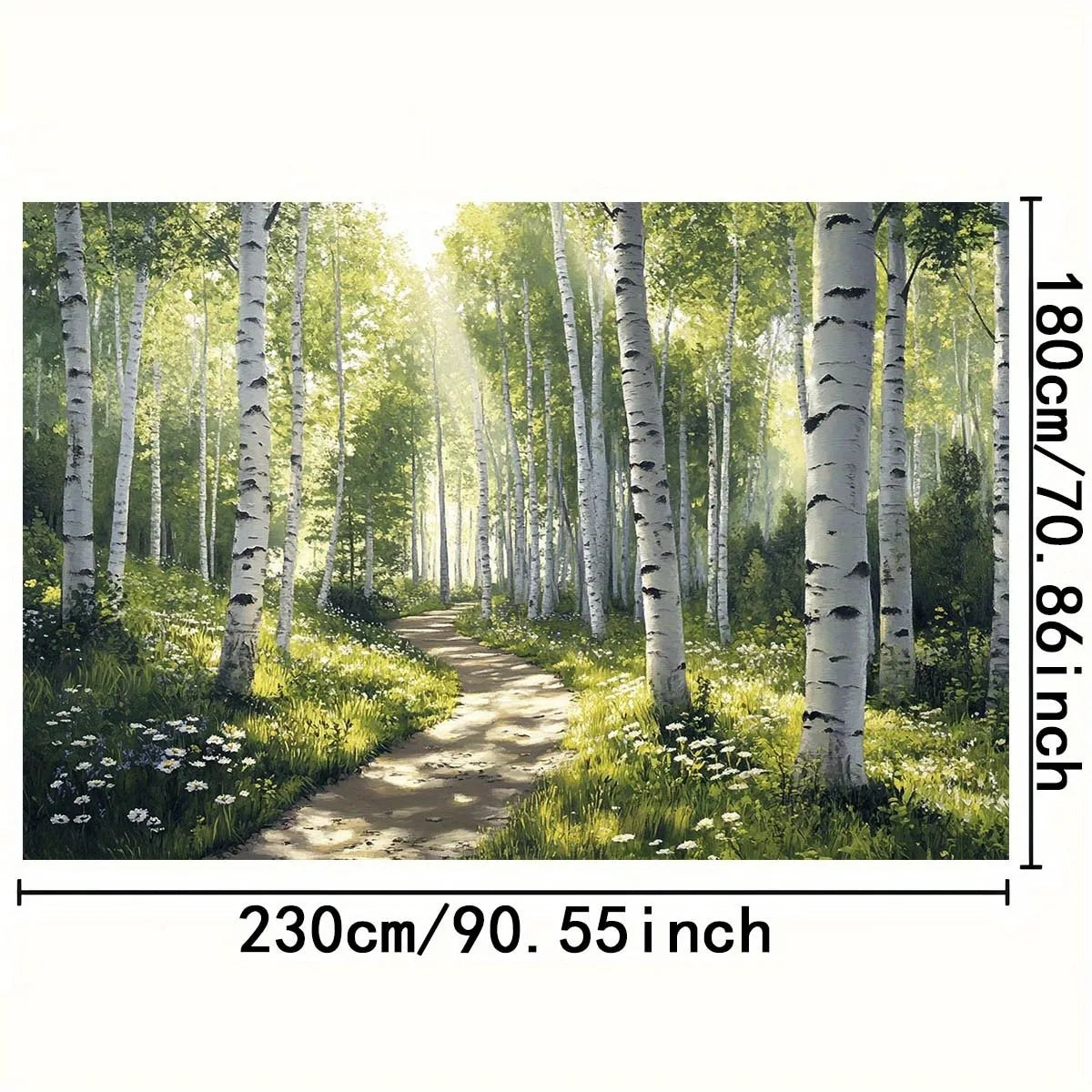 panneau mural forêt chemin naturel arbres blancs herbe verte fleurs chambre salon decoration polyester