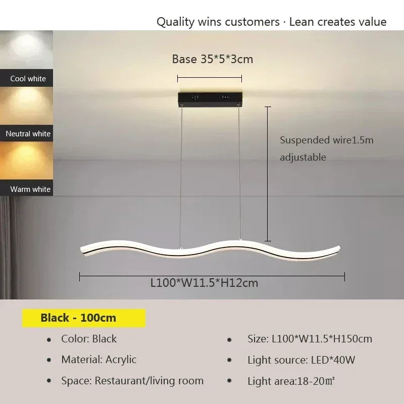 suspension lumineuse moderne blanc noir ondule clips câbles diffuseur 100cm 120cm led