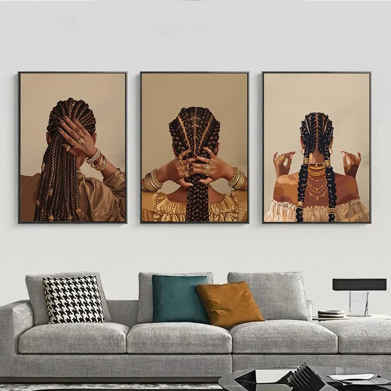 toile d'art contemporain ethnique fille cheveux tressés bijoux or noir aquarelle sans cadre maison