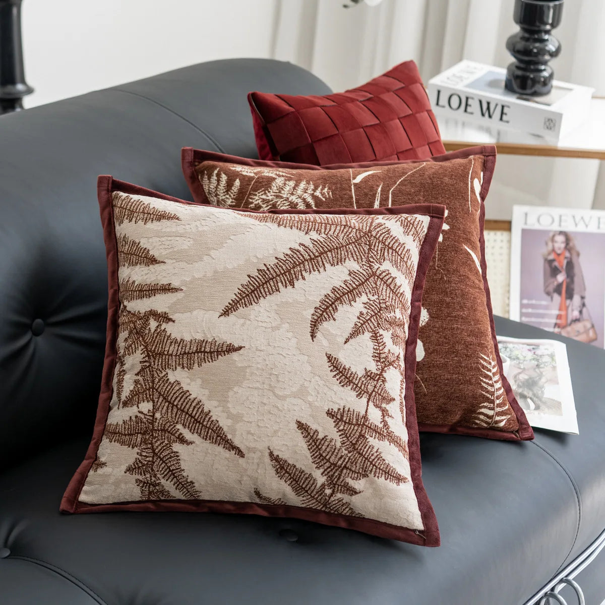 coussin housse carré moderne motif végétal feuilles fleurs adhésif polyester 45x45cm 30x50cm decoration intérieur