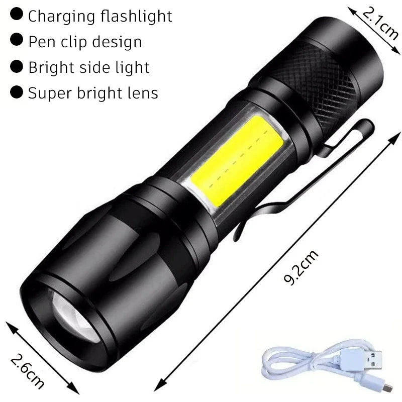 torche portable led rechargeable zoom télescopique batterie usb boîte moderne noire intense