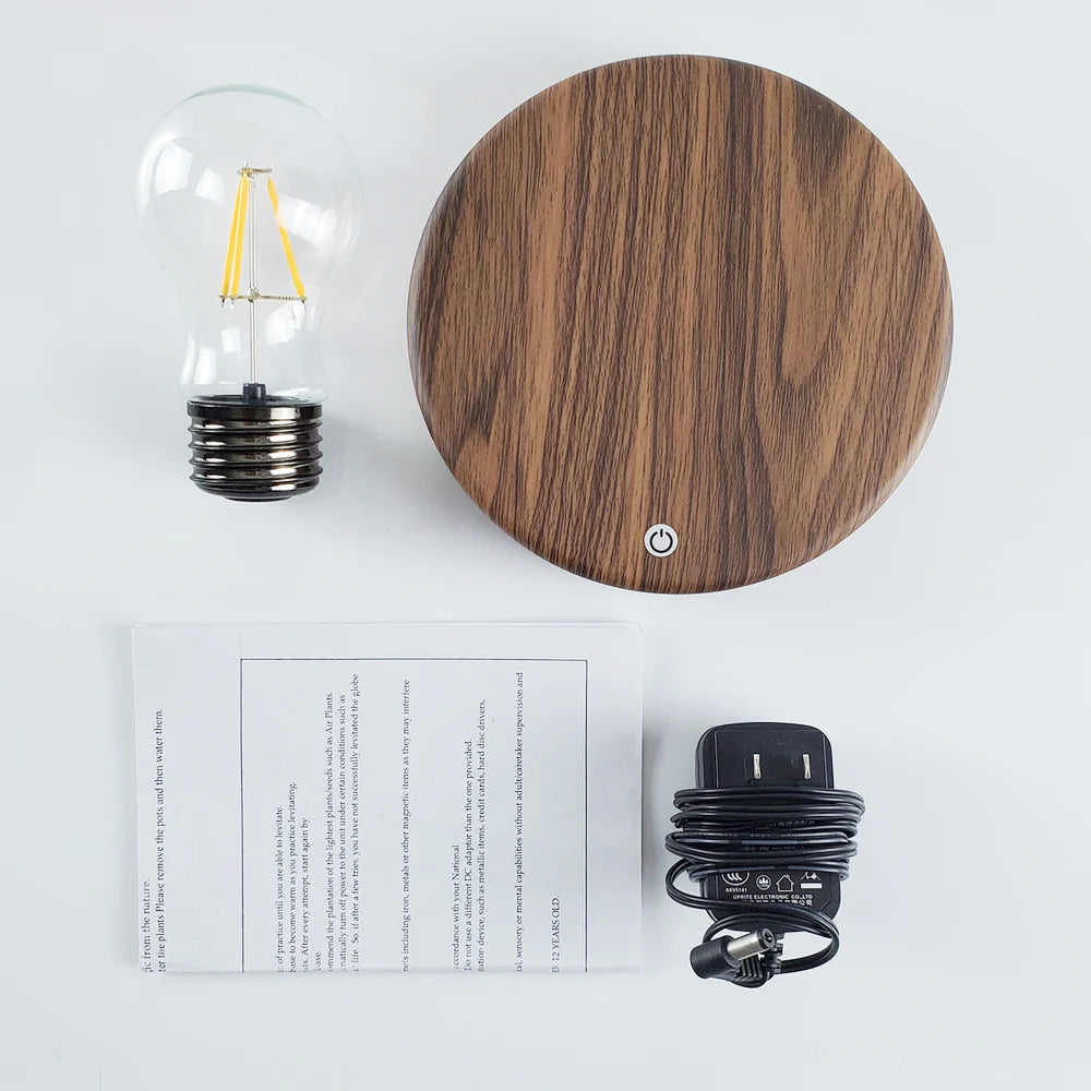 ampoule led flottante transparente moderne aimant base bois interrupteur tactile câble alimentation notice utilisation
