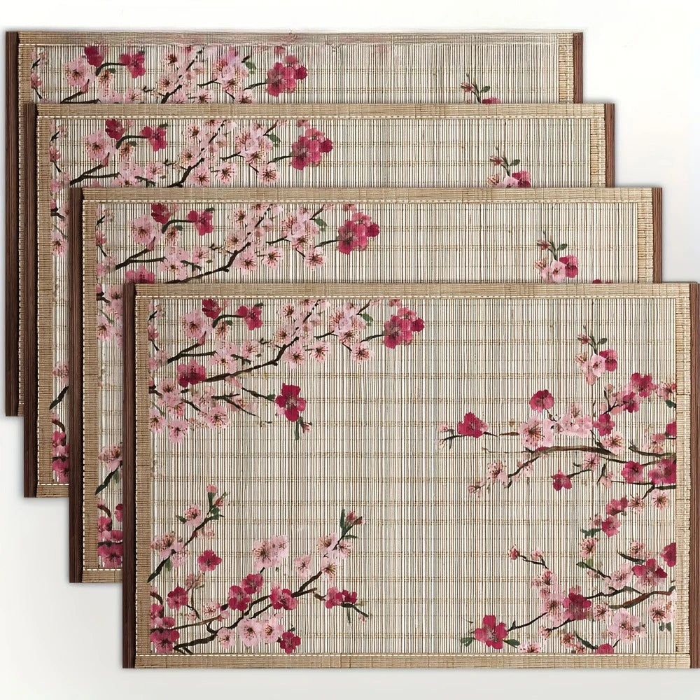 tapis table moderne fleurs cerisier texture bambou printemps saint valentin beige rose