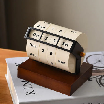 calendrier rotatif moderne chiffres mois jours semaine vintage bois finition soignée élégance nostalgie decoration