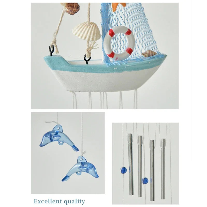 mobiles decoratifs bois motifs marins bleu blanc orange coquillages etoiles mer bouee suspendus