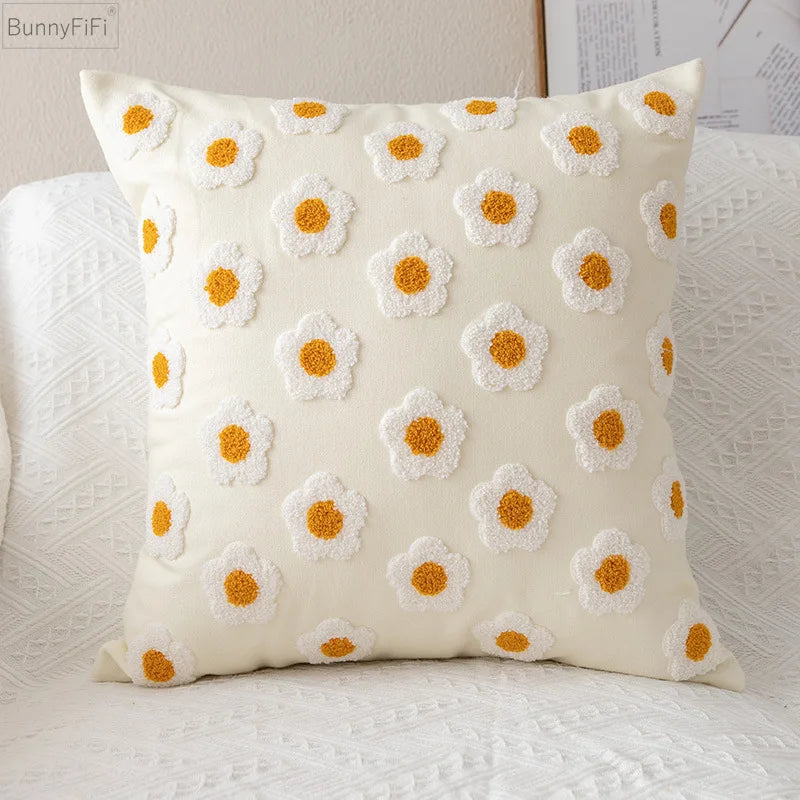 housse coussin brodée fleur marguerite polyester coton blanc jaune décorative salon voiture 30x50cm zip