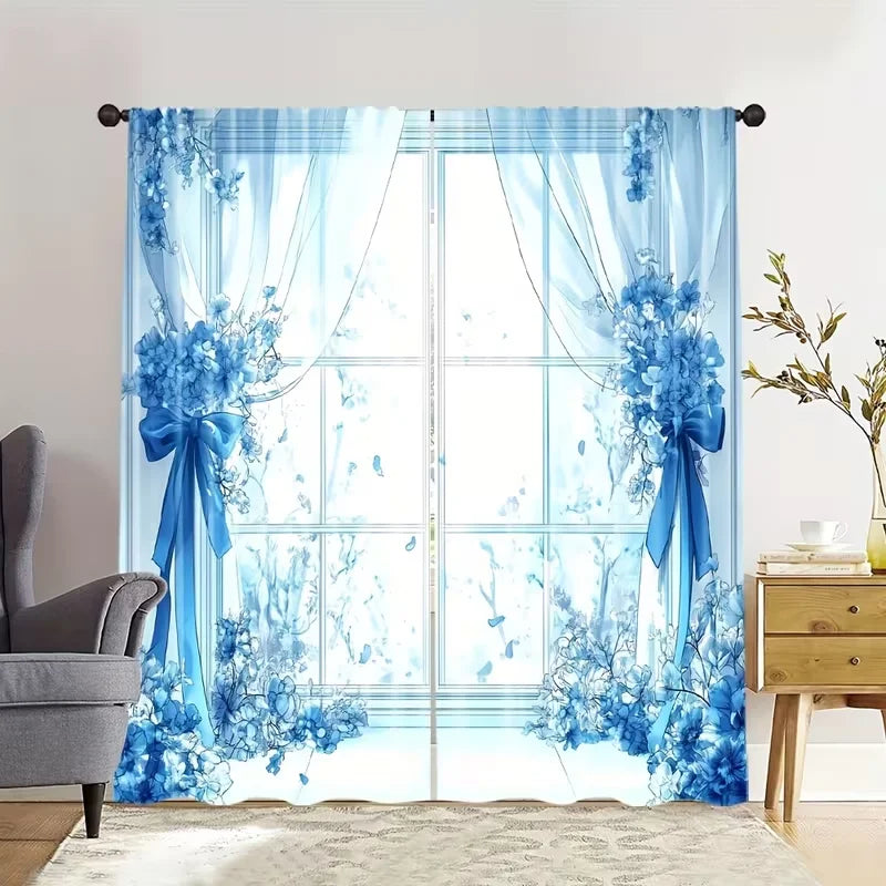 rideaux bleu clair fleurs modernes deux pièces polyester transparents chambre salon