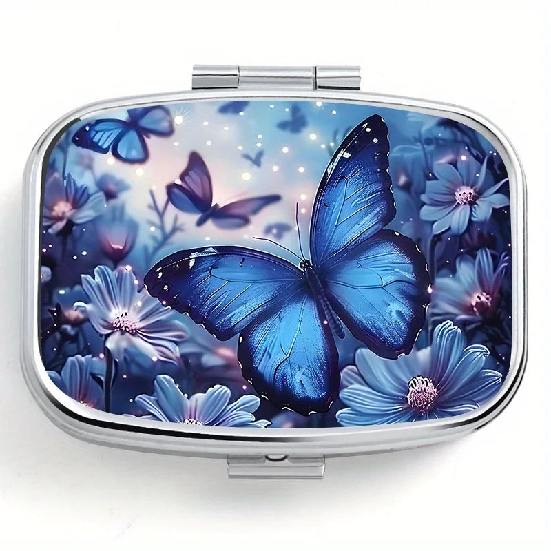 boîte pilules miroir papillons bleus fleurs moderne élégante opaquée compartiments organisés portable