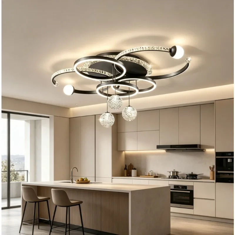 suspension moderne luminaire led or blanc noir cristaux incrustés contemporain anneaux pendants